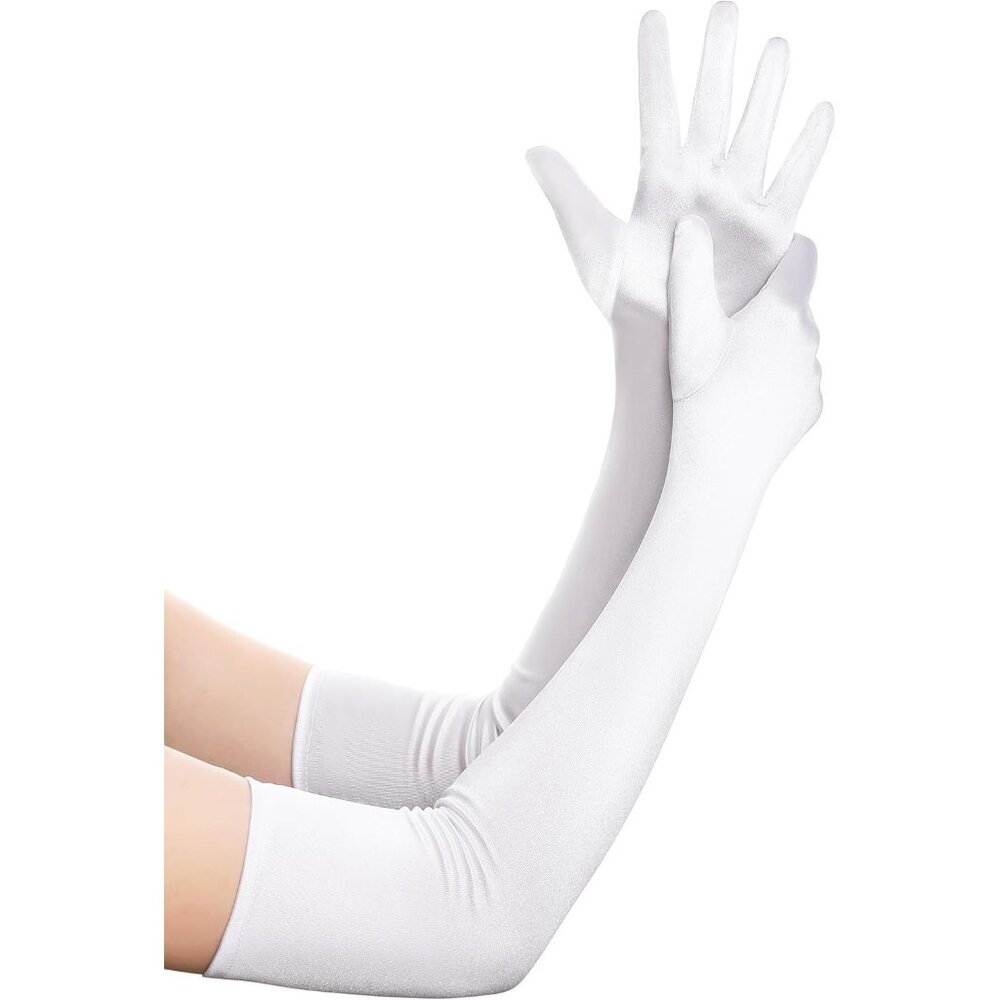Women's White Vintage Satin Long Gloves Party Costume Stretchy Elbow Length